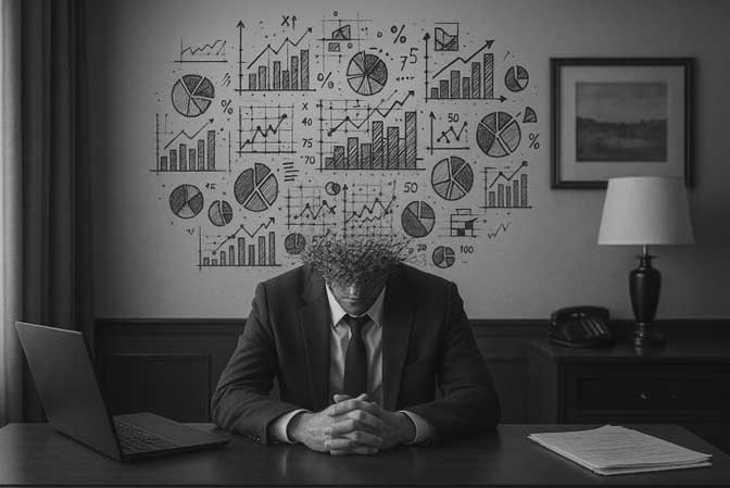 Black and white photo of a hotel revenue manager at a desk, head bowed, with hand-drawn charts covering the wall behind him